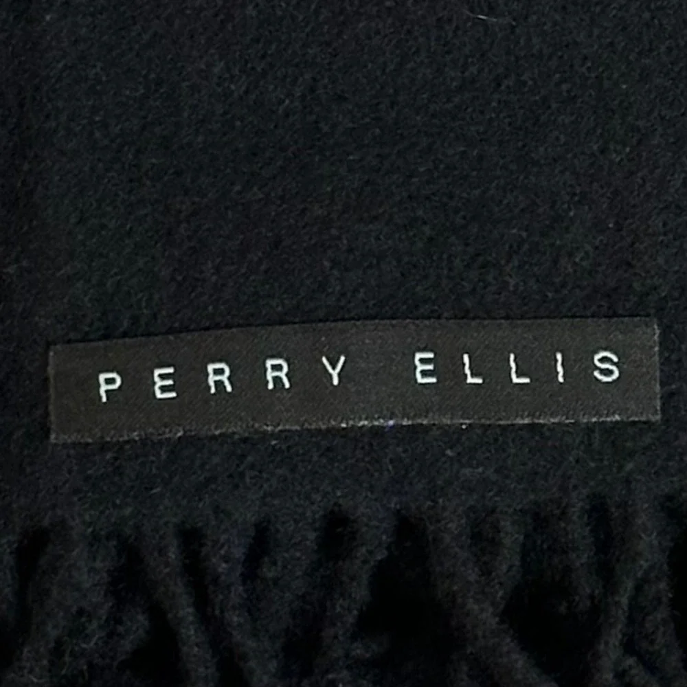 Perry Ellis VTG Luxury Black Wool Scarf Made in Germany Fringe Classic Minimal